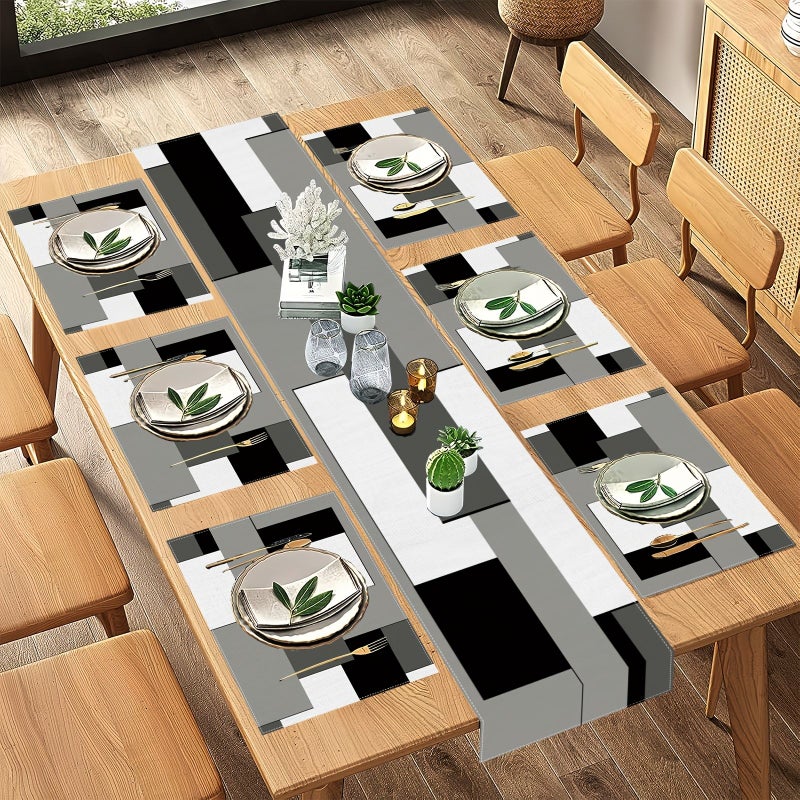 1 Table Runner And 4 Placemats Set Black Gray Abstract Geometric Pattern Modern Dining Table Decor Suitable For Everyday Use - Image 1