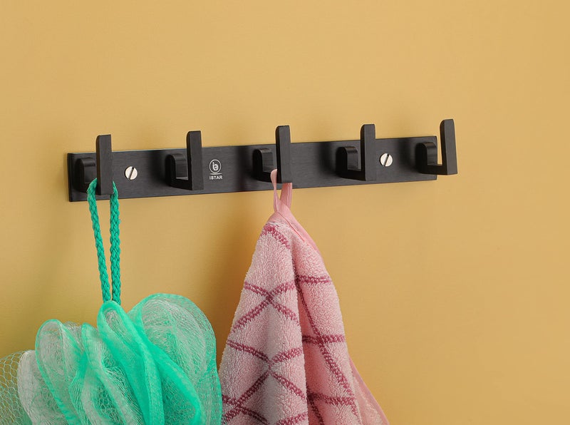 iSTAR 5 Pin Bathroom Cloth Hooks Hanger Door Wall Bedroom Bathroom Robe Hooks Rail for Hanging Keys,Clothes,Towel Steel Hook (Pack of 4, Black) - Image 2