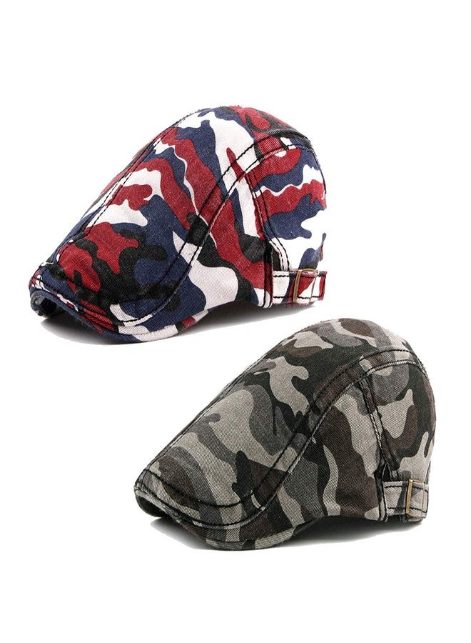Idopy Men's Army Military Driving Ivy Hat Camouflage Newsboy Flat Cap Cabbie (Red+Grey) - Image 1