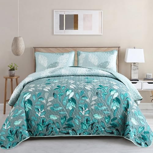 WONGS BEDDING Aqua Quilt Set King Size 3 Pieces Floral Botancal Leaves Gradient Bedspread Coverlet Set with 2 Pillowcases for All Season Soft Microfiber Floral Bedding Set 10490 - Image 1