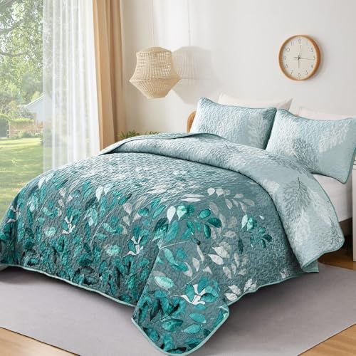 WONGS BEDDING Aqua Quilt Set King Size 3 Pieces Floral Botancal Leaves Gradient Bedspread Coverlet Set with 2 Pillowcases for All Season Soft Microfiber Floral Bedding Set 10490 - Image 3