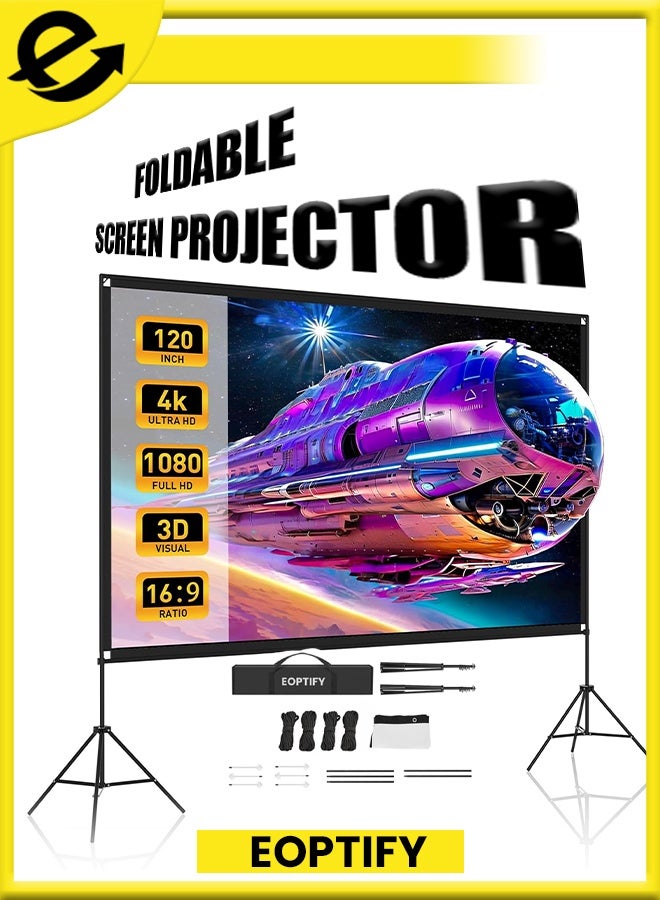 Eoptify 120 Inch Projector Screen with Stand, Portable Foldable Movie Screen, 16:9 4K HD Wrinkle-Free, Indoor/Outdoor Home Theater, Backyard Cinema, Easy Setup, Carry Bag Included, Best for Outdoor Cinema, Office, and Movies in Dubai - Image 1
