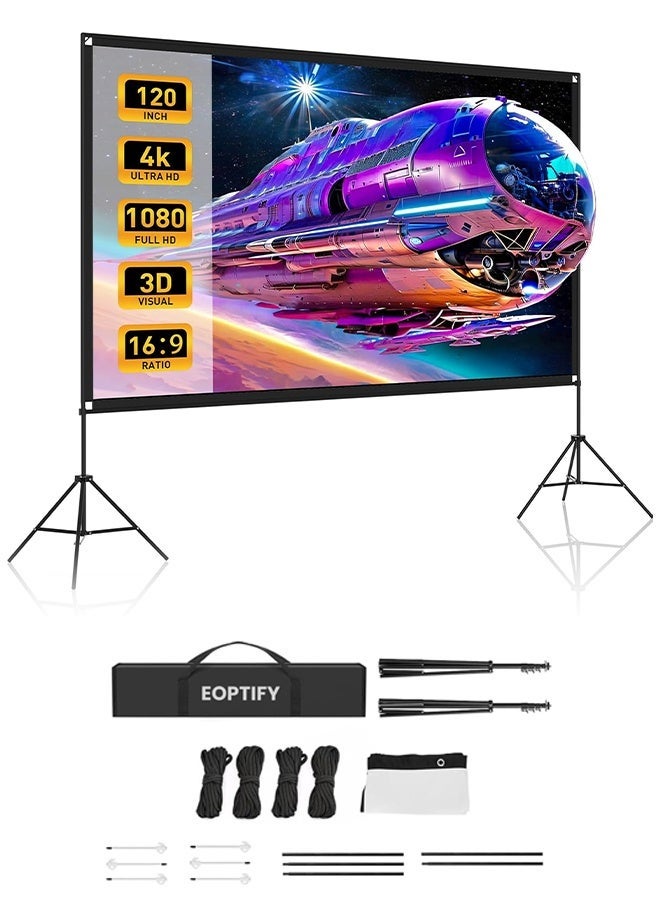 Eoptify 120 Inch Projector Screen with Stand, Portable Foldable Movie Screen, 16:9 4K HD Wrinkle-Free, Indoor/Outdoor Home Theater, Backyard Cinema, Easy Setup, Carry Bag Included, Best for Outdoor Cinema, Office, and Movies in Dubai - Image 1