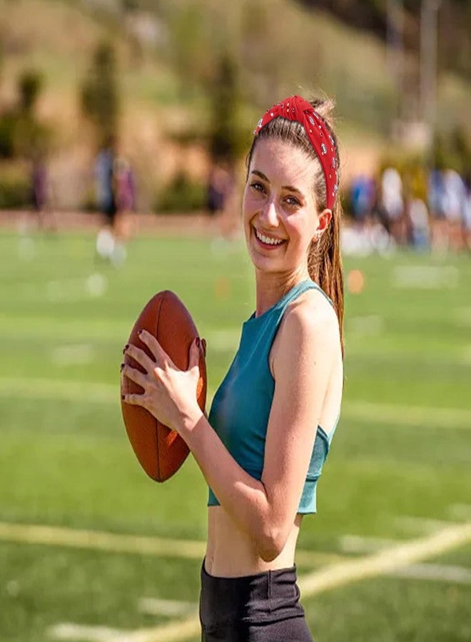 CAVETEE Football Headband for Women, Red Wide Rhinestone Pearl Football Embellished Knotted Headband, Top Knot Hairband Headpiece Game Day Sports Fan Gifts - Image 4