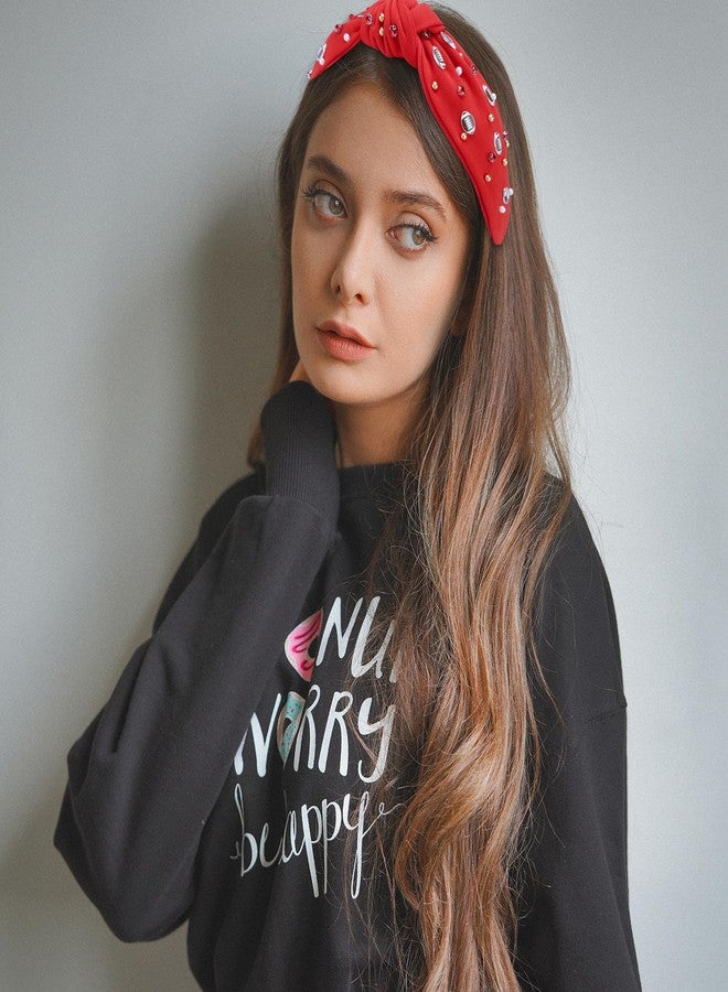 CAVETEE Football Headband for Women, Red Wide Rhinestone Pearl Football Embellished Knotted Headband, Top Knot Hairband Headpiece Game Day Sports Fan Gifts - Image 3