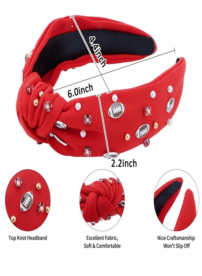 CAVETEE Football Headband for Women, Red Wide Rhinestone Pearl Football Embellished Knotted Headband, Top Knot Hairband Headpiece Game Day Sports Fan Gifts - Image 2