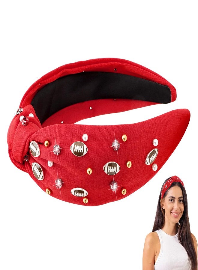 CAVETEE Football Headband for Women, Red Wide Rhinestone Pearl Football Embellished Knotted Headband, Top Knot Hairband Headpiece Game Day Sports Fan Gifts - Image 1