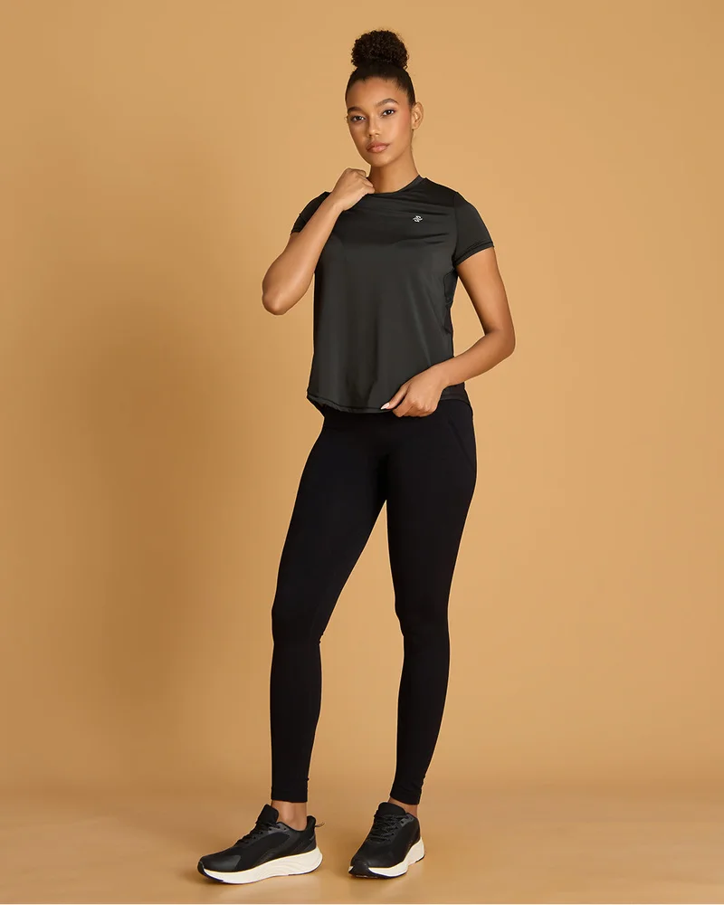 Redtag Women Black Back Mesh Detail Active T Shirt