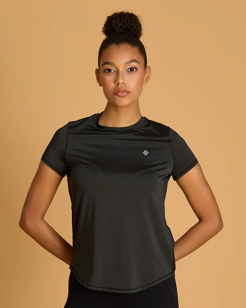 Redtag Women Black Back Mesh Detail Active T Shirt