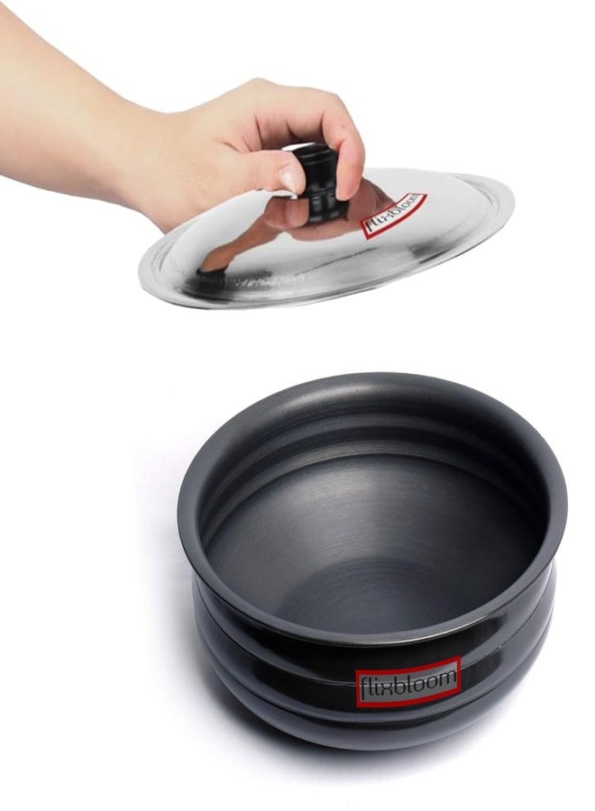 Flixbloom Pro 1 Litre Hard Anodised Induction Base Cookware/LPG Friendly | Virgin Food Grade Cook & Serve Uruli/Urli for Cooking | Kitchen Utensils | with Lid (1 LTR, Uruli/Urli with Lid) - Image 1