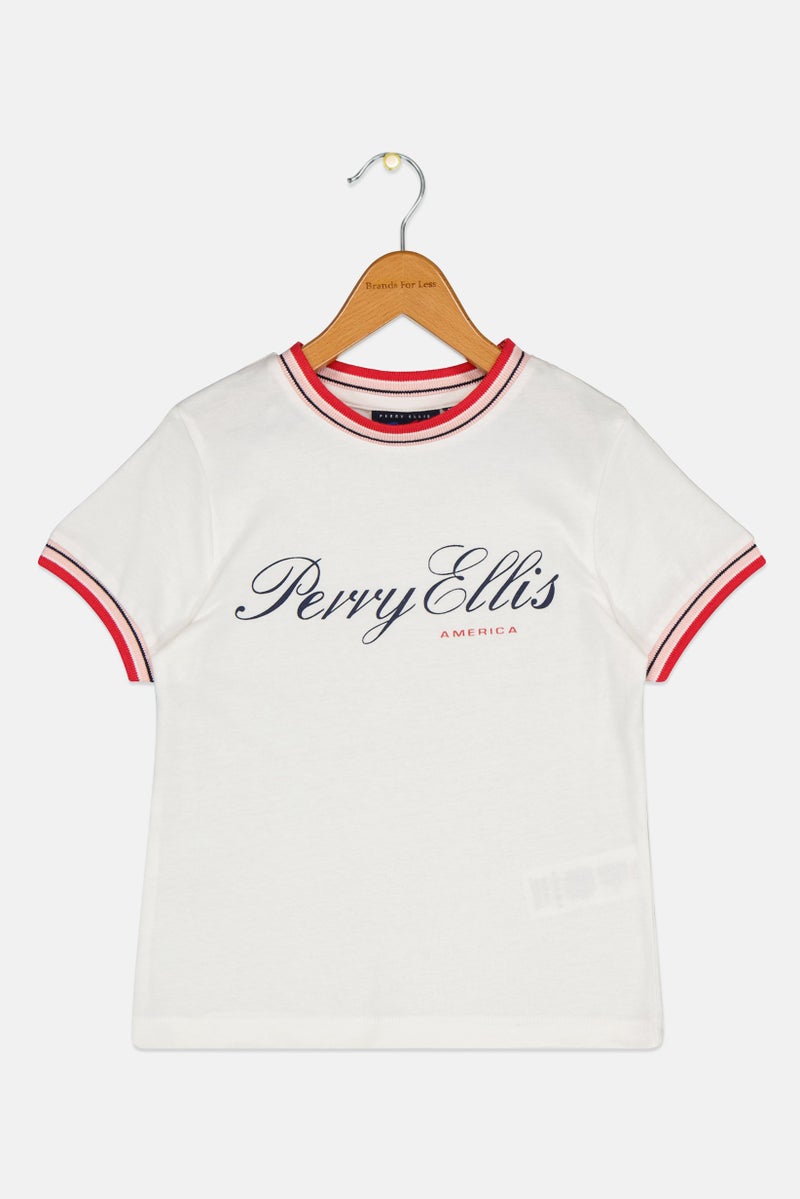 PERRY ELLIS Kids Girl Brand Logo Short Sleeve T-Shirt, White - Image 2