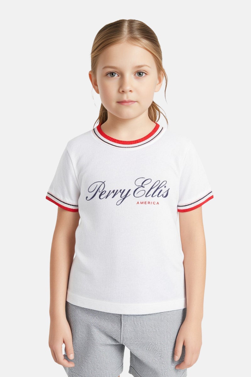 PERRY ELLIS Kids Girl Brand Logo Short Sleeve T-Shirt, White - Image 1