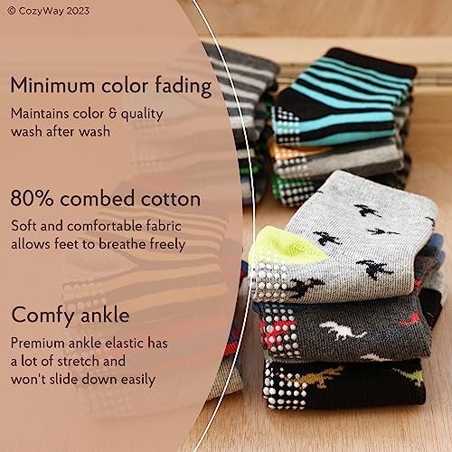 CozyWay Crew Grip Sock Set for Kids AllDay Traction Toddler Grip Socks Soft Comfy Cotton Toddler Pairs Size 57 Years Black Pack of 12 - Image 3