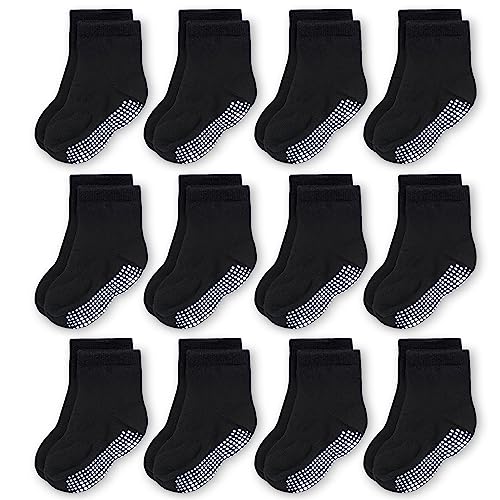 CozyWay Crew Grip Sock Set for Kids AllDay Traction Toddler Grip Socks Soft Comfy Cotton Toddler Pairs Size 57 Years Black Pack of 12 - Image 1