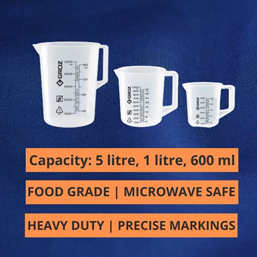 GROZ Heavy Duty Measuring Jug Set of 3 (5L,1L, 600ml) | Food Grade Polymer Body |Home, Industrial & Automotive Use | Precise Millilitre & Ounces Marking |Microwave Safe| JUG/5-1-600 - Image 2