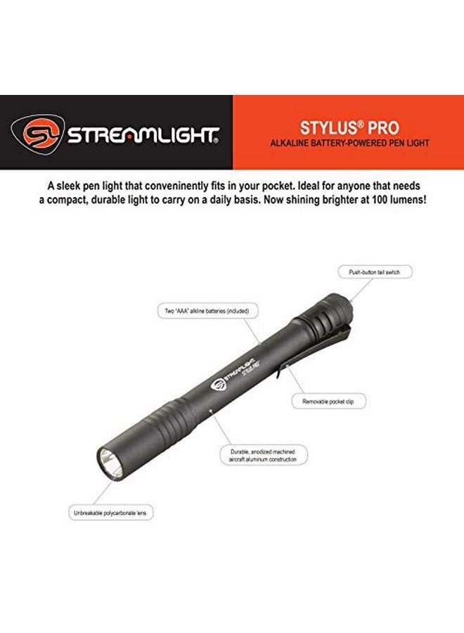 Streamlight 66118 Stylus Pro 100-Lumen Penlight with 2 AAA Alkaline Batteries, Black - Image 2
