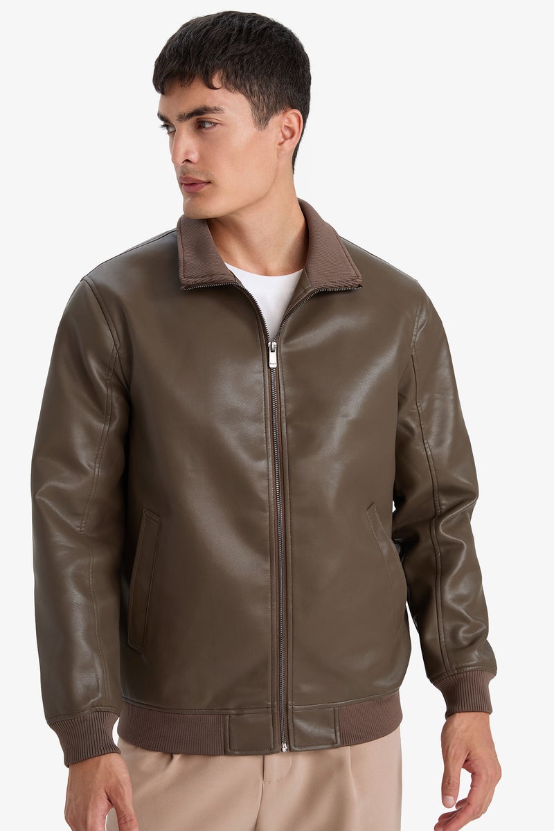 DeFacto Brown Man Slim Fit Stand Collar Lined Zippered Faux Leather Jacket Casual - Image 3