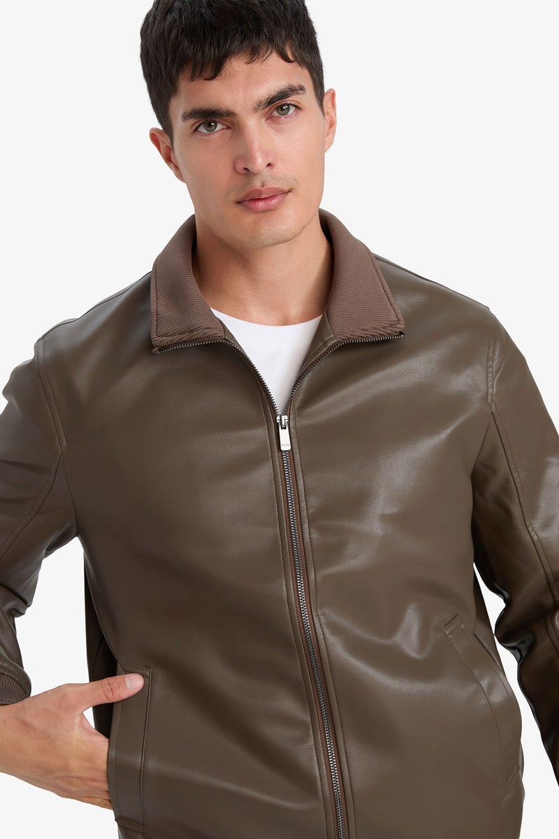 DeFacto Brown Man Slim Fit Stand Collar Lined Zippered Faux Leather Jacket Casual - Image 5