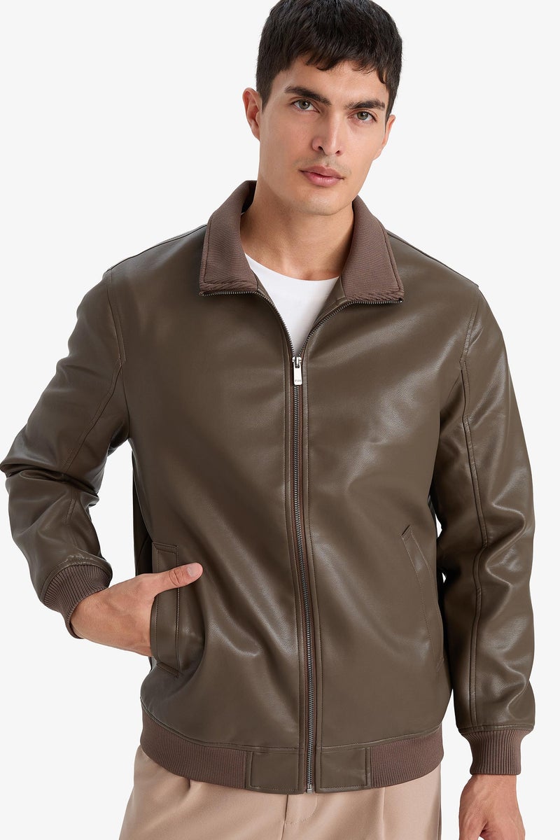 DeFacto Brown Man Slim Fit Stand Collar Lined Zippered Faux Leather Jacket Casual - Image 1