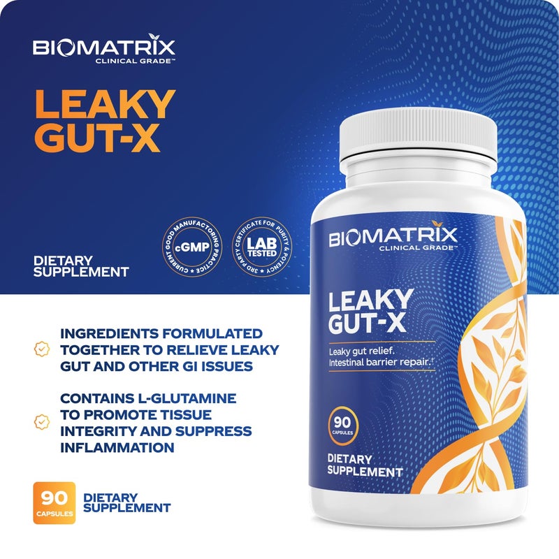 BioMatrix Intestinal Repair Supplement with Glutamine and Herbs for Leaky Gut, Prebiotic Support, Relief from Bloating, Gas, Constipation | SIBO | Veggie Caps | 60-Day Supply – Leaky Gut-X - Image 4