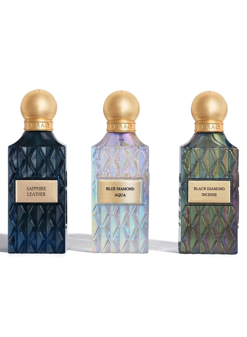 IBRAQ Blue Diamond Box V.2 – Saphire Leather, Aqua Blue Diamond & Black Diamond Incense Perfume Collection (75ml Each) - Image 4