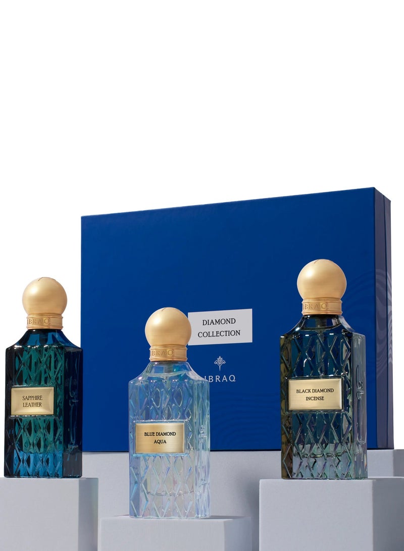 IBRAQ Blue Diamond Box V.2 – Saphire Leather, Aqua Blue Diamond & Black Diamond Incense Perfume Collection (75ml Each) - Image 1