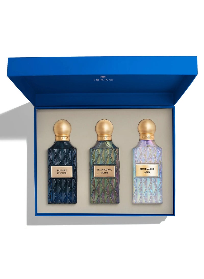 IBRAQ Blue Diamond Box V.2 – Saphire Leather, Aqua Blue Diamond & Black Diamond Incense Perfume Collection (75ml Each) - Image 2