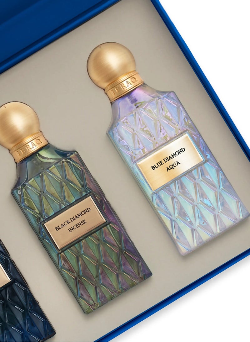 IBRAQ Blue Diamond Box V.2 – Saphire Leather, Aqua Blue Diamond & Black Diamond Incense Perfume Collection (75ml Each) - Image 3