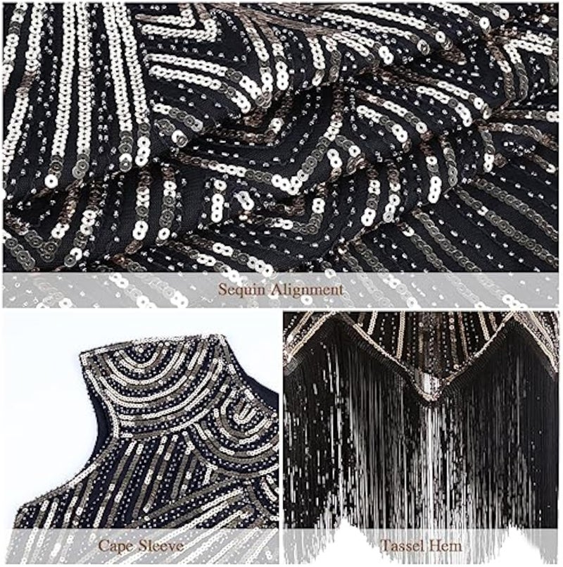 WILDPARTY 1920s Women Flapper Dresses Sequin Dresses Vintage Lace Fringed Cocktail Dress with 20s Accessories Set(Black-Gold XL) - Image 4