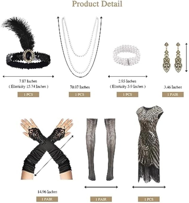WILDPARTY 1920s Women Flapper Dresses Sequin Dresses Vintage Lace Fringed Cocktail Dress with 20s Accessories Set(Black-Gold XL) - Image 2