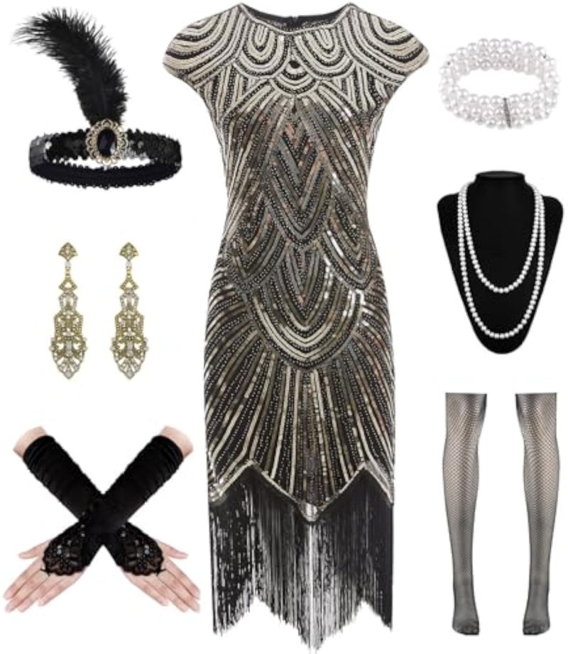 WILDPARTY 1920s Women Flapper Dresses Sequin Dresses Vintage Lace Fringed Cocktail Dress with 20s Accessories Set(Black-Gold XL) - Image 1