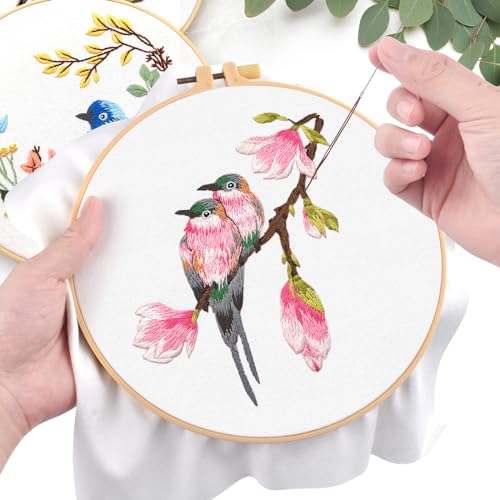 ERKOON 4 Sets Embroidery Kit for Beginners,Hummingbird and Flower Cross Stitch Set for Include Embroidery Cloth Hoops Threads for Craft Lover Hand Stitch (Flowers and Birds) - Image 2