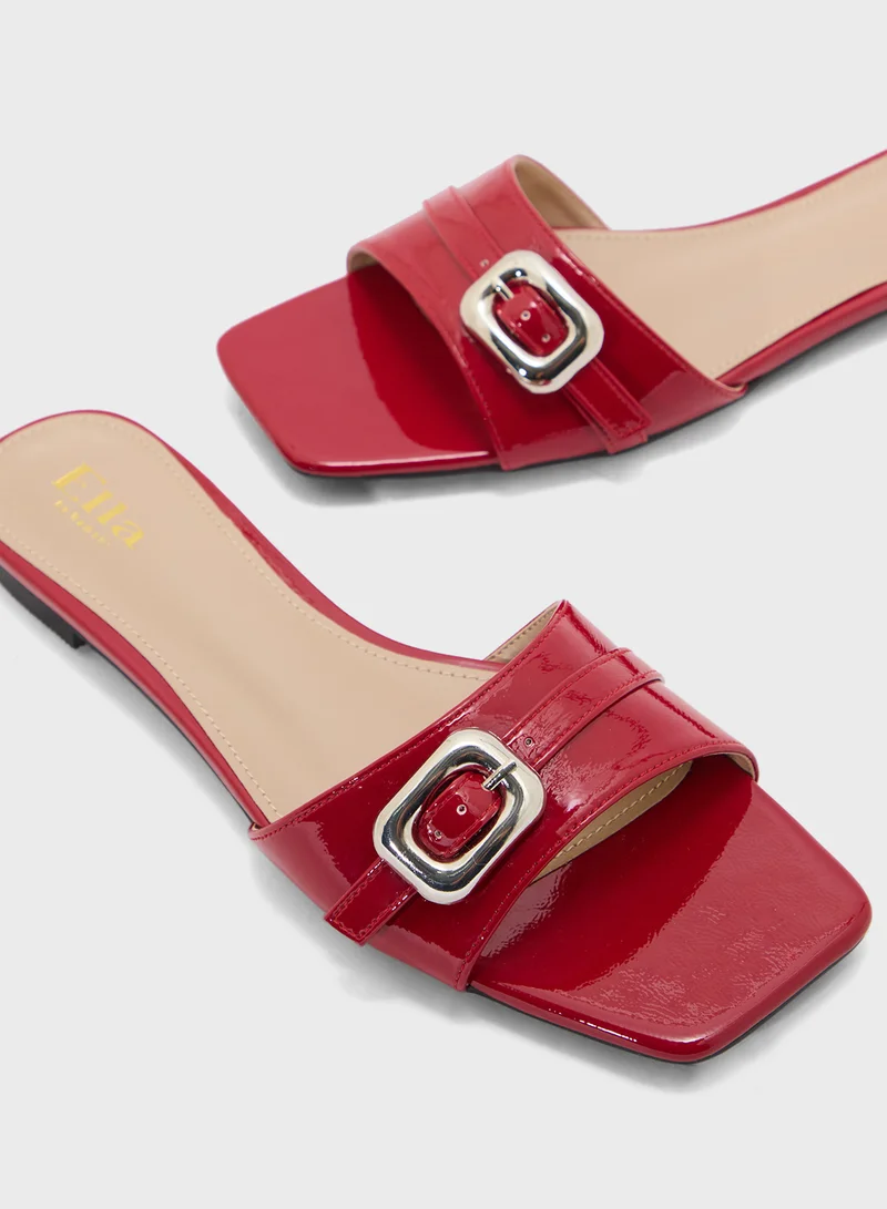 ELLA Buckle Detail Crinkle Patent Flat Sandal