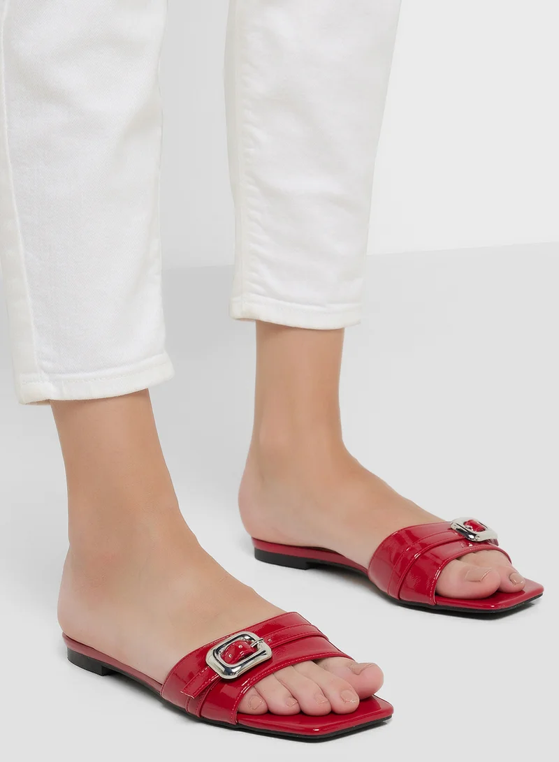 ELLA Buckle Detail Crinkle Patent Flat Sandal
