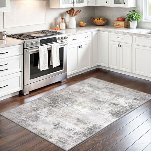 IOHOUZE Abstract Area Rug 3x5 Ft Washable Rugs for Entryway Indoor, Non Slip Kitchen Rug Printed Faux Wool Throw Rugs, Indoor Door Mat for Door Entrance Foyer Living Room, Grey Beige - Image 2