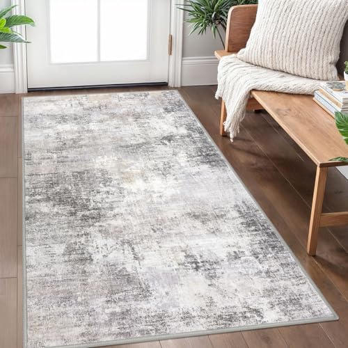 IOHOUZE Abstract Area Rug 3x5 Ft Washable Rugs for Entryway Indoor, Non Slip Kitchen Rug Printed Faux Wool Throw Rugs, Indoor Door Mat for Door Entrance Foyer Living Room, Grey Beige - Image 1