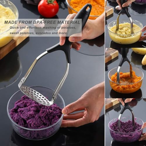 TOMATUS® Heavy-Duty Stainless Steel Potato Masher with Ergonomic Non-Slip Handle, Professional Handheld Vegetable Masher for Potatoes, Pumpkin, Carrots, Sweet Potatoes, Baby Food (Pack of 1, Black) - Image 5