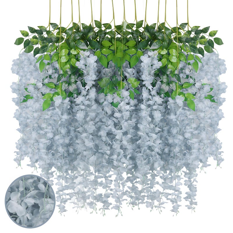 Luerbi 24 Pack Grey Wisteria Hanging Flowers Garland  3.77 Feet Grey Artificial Wisteria Flower Vines  Fake Grey Wisteria  Grey Flower Vines for Backdrop  Grey Trailing Flower  Hanging Flower Decor - Image 1