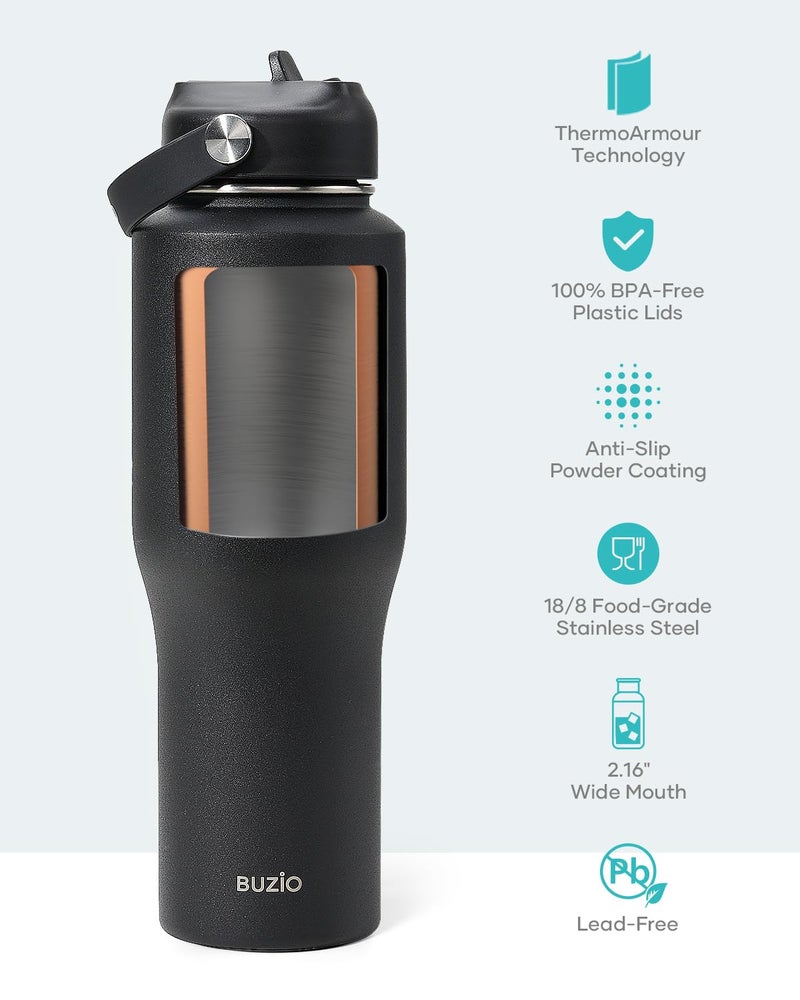 BUZIO Insulated Water Bottle Fits in Cupholder, Stainless Steel Tumbler with Straw Lid 32oz, Leak-proof BPA-Free Insulated Water Flask for Travel, Keeps Cold for 48H, Hot for 24H, Black - Image 5