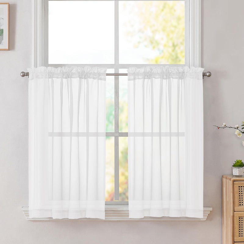 Simplebrand White Short Sheer Kitchen Cafe Curtains 3642 Inch Tier Rod Pocket Half Window Bathroom 2 Panels