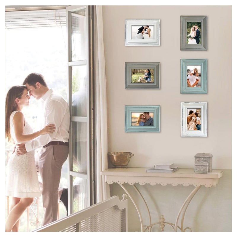 EXQUIDECA Vintage 4x6 Inches Wooden Picture Frame Pack of 3 Farmhouse Aqua Grey White - Rustic Thick Wood High Definition Glass Photo Frame Outside 6x8 Inches - 2 Ways Display Tabletop or Wall Mounted - Image 5