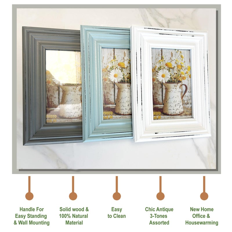 EXQUIDECA Vintage 4x6 Inches Wooden Picture Frame Pack of 3 Farmhouse Aqua Grey White - Rustic Thick Wood High Definition Glass Photo Frame Outside 6x8 Inches - 2 Ways Display Tabletop or Wall Mounted - Image 3