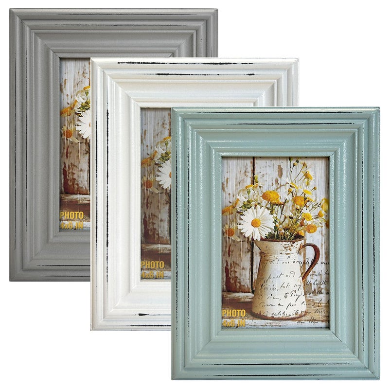 EXQUIDECA Vintage 4x6 Inches Wooden Picture Frame Pack of 3 Farmhouse Aqua Grey White - Rustic Thick Wood High Definition Glass Photo Frame Outside 6x8 Inches - 2 Ways Display Tabletop or Wall Mounted - Image 1