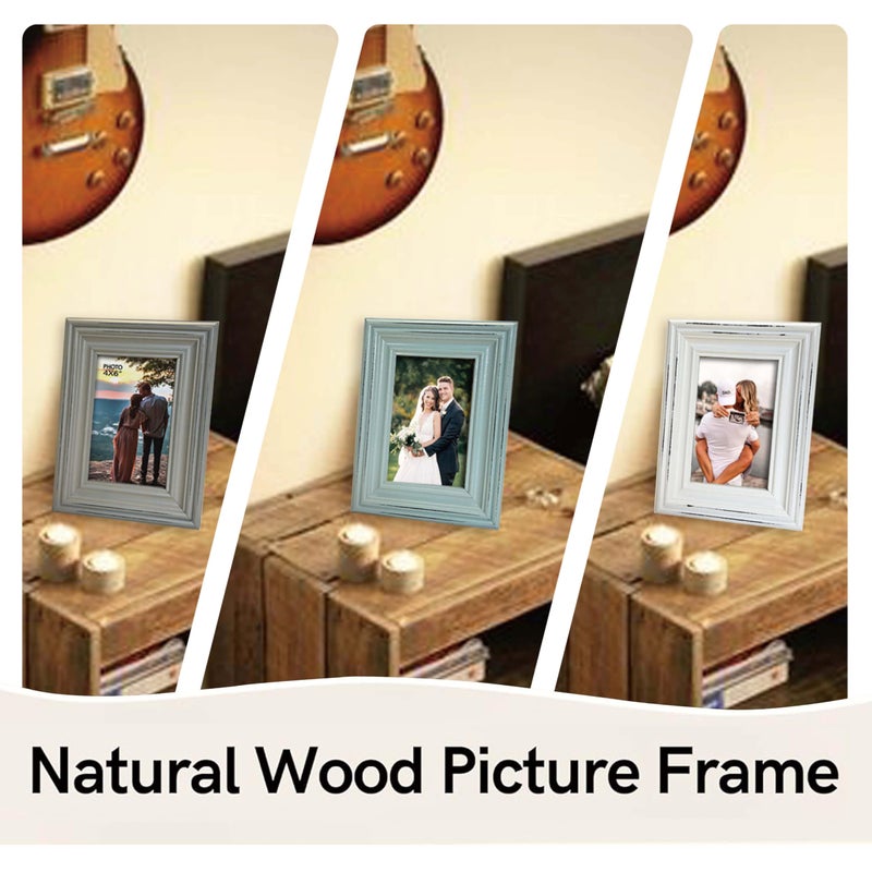 EXQUIDECA Vintage 4x6 Inches Wooden Picture Frame Pack of 3 Farmhouse Aqua Grey White - Rustic Thick Wood High Definition Glass Photo Frame Outside 6x8 Inches - 2 Ways Display Tabletop or Wall Mounted - Image 4