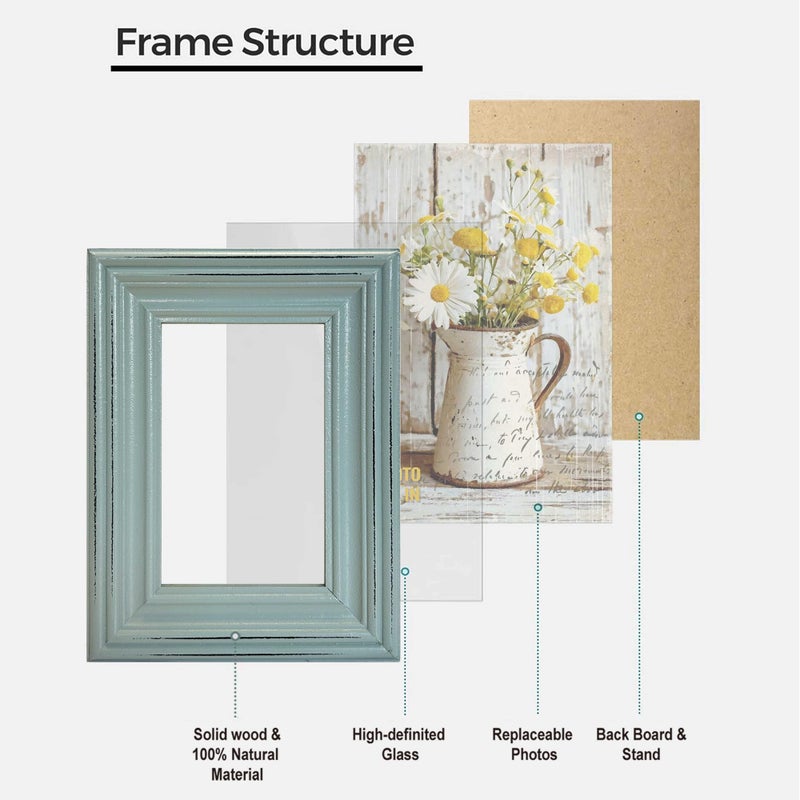 EXQUIDECA Vintage 4x6 Inches Wooden Picture Frame Pack of 3 Farmhouse Aqua Grey White - Rustic Thick Wood High Definition Glass Photo Frame Outside 6x8 Inches - 2 Ways Display Tabletop or Wall Mounted - Image 2