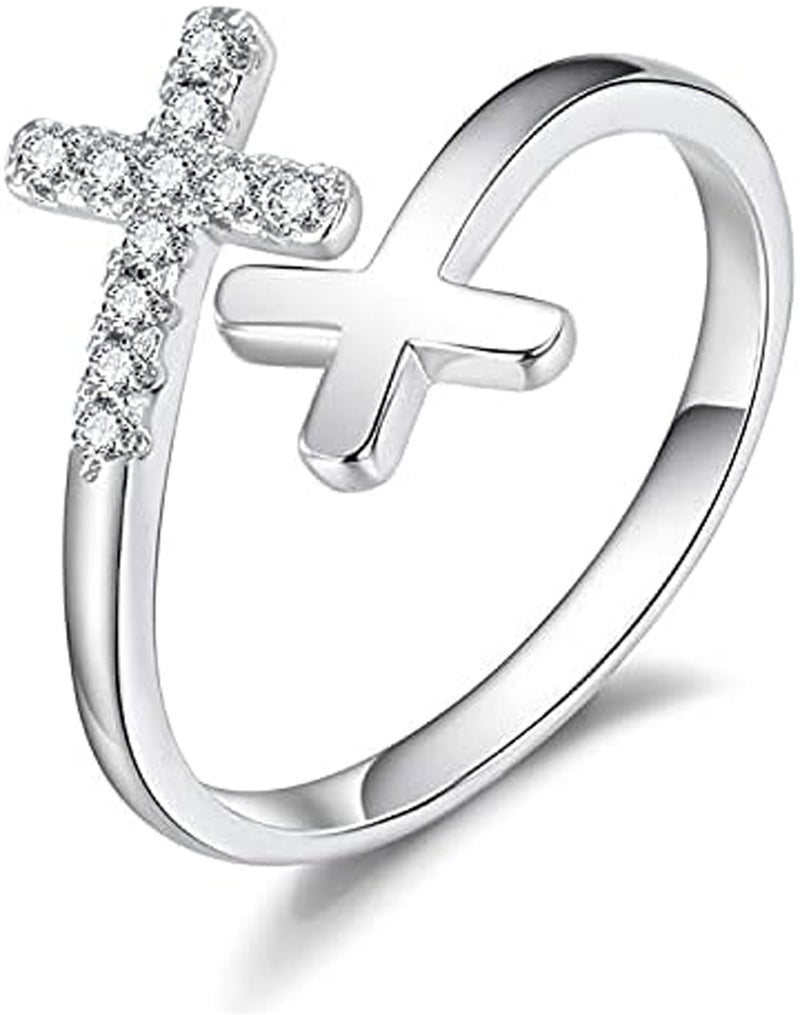 BQfife 925 Sterling Silver Christian Faith Cross Ring for Women, Dainty Inspirational Jewelry Easter Teen Gifts - Image 1
