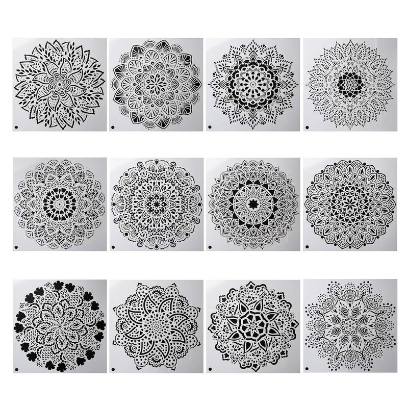 YUEAON 12-Pack (12x12Inch) Reusable Painting Stencils for Floor Wall Tile Fabric Furniture Wood Burning Art&Craft Supplies Mandala Template - Image 1