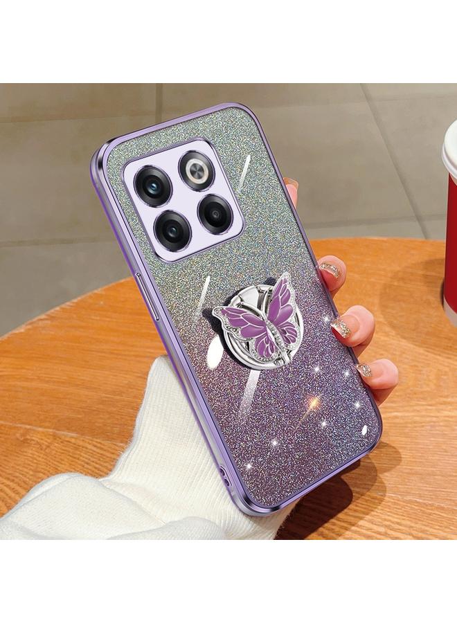 Zaboon For OnePlus Ace Pro Plated Gradient Glitter Butterfly Holder TPU Phone Case(Purple)