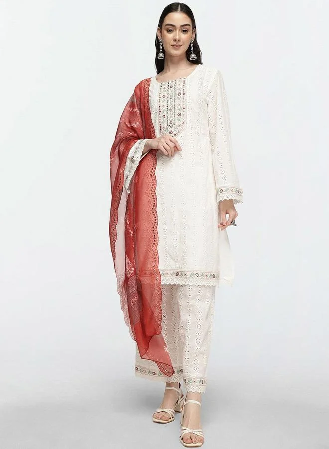 آي شين Women's Off White 100% Cotton Embellished Tunic Top With Ankle Palazzo Flared 3 Peice Kurta Set