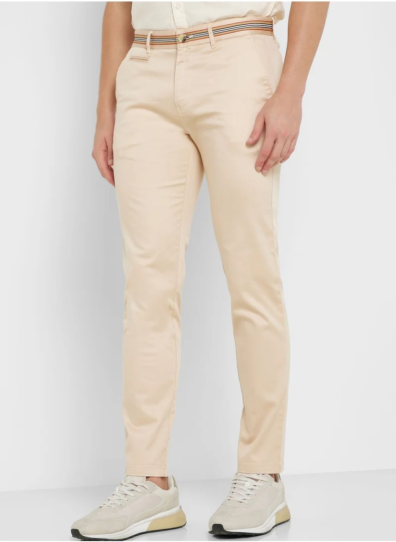 Thomas Scott Men Cream-Coloured Slim Fit Chinos Trousers